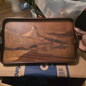 Wood Inlay Mountain Scene Serving Tray - Rustic Brown